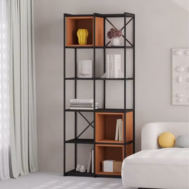 Decortie Vale Midi Bookcase Unit with Adjustable Shelves in Black Wood and Cinnamon