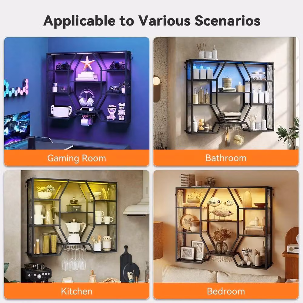 FORGEVIO Wall Mounted Metal Wine Rack with Integrated RGB Lighting in Black – 3
