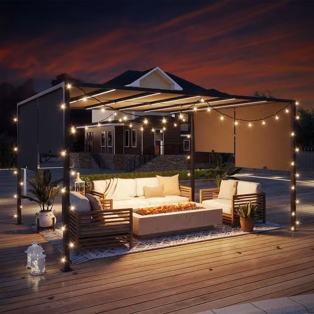 Outsunny Modern Metal Outdoor Garden Pergola with LED Lights, Grey, W: 400 cm, D: 300 cm