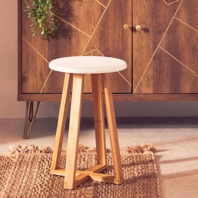 Orsina Blue and Natural Bamboo Round Stool, Scandinavian Style Industrial Breakfast Stool, W/D/H: 30 x 30 x 43 cm – 1