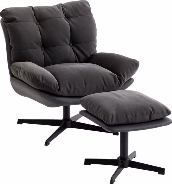 HOMCOM Swivel Accent Chair with Ottoman, Grey Chenille Upholstery and Metal Base – 1