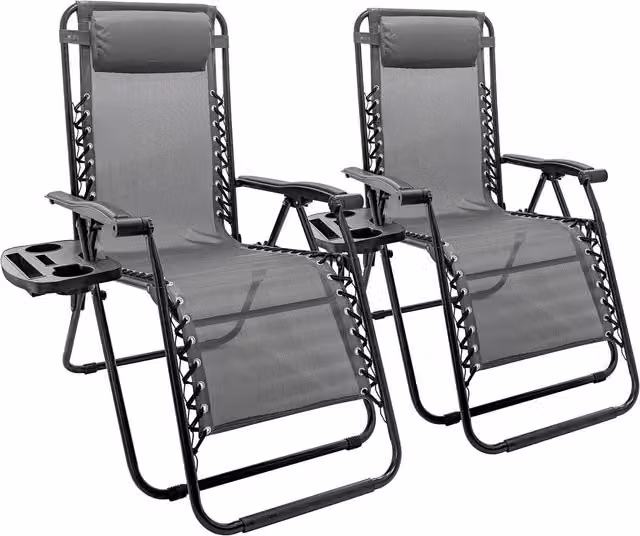 Harbour Housewares 2 Piece Zero Gravity Chair Set in Grey with Textilene Fabric and Side Trays