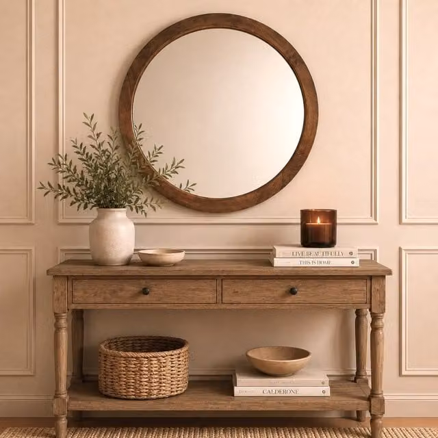 Elm Home And Garden Round Solid Mango Wood Wall Mirror in Brown