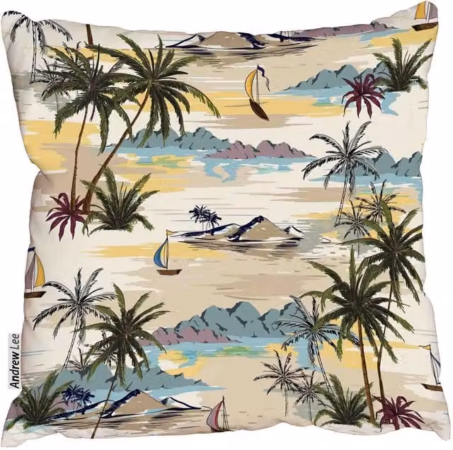 Benjamin Tate Design LTD Vintage Seamless Island Pattern Square Cushion, Yellow and Multicolour, W: 60 cm x H: 60 cm