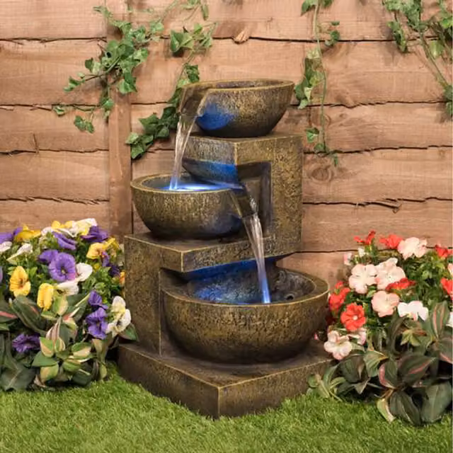 Primrose Kendall 3-Tier Stone Effect Cascading Water Feature with LEDs in Brown