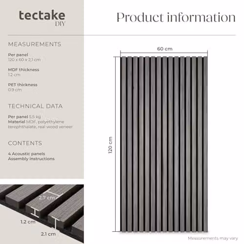 tectake Set of 4 Sound-Absorbing Acoustic Wall Panels with Real Wood Veneer and MDF, Light Grey – 5