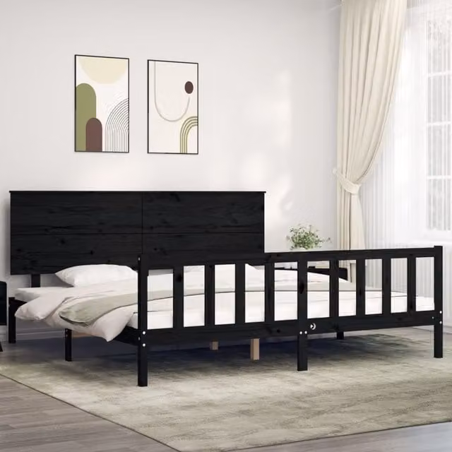 Berkfield Home Solid Wood Pine Bed Frame with Headboard in Black, 200 x 200 cm – 1