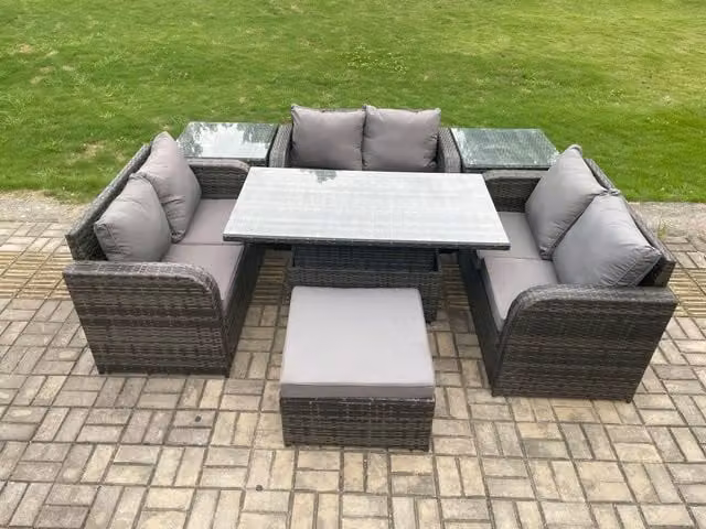 Fimous 3 Piece Rattan Garden Furniture Set in Dark Grey with Adjustable Height Dining Table, 2 Side Tables and Large Footstool