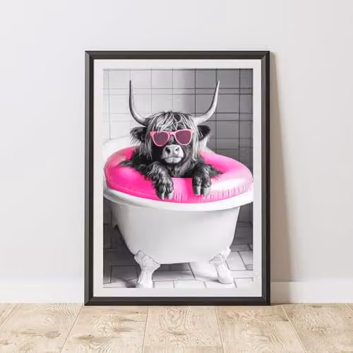 60 Second Makeover Highland Cow Pink Rubber Ring Animal Print Paper Poster, W: 21.0 cm, H: 29.7 cm