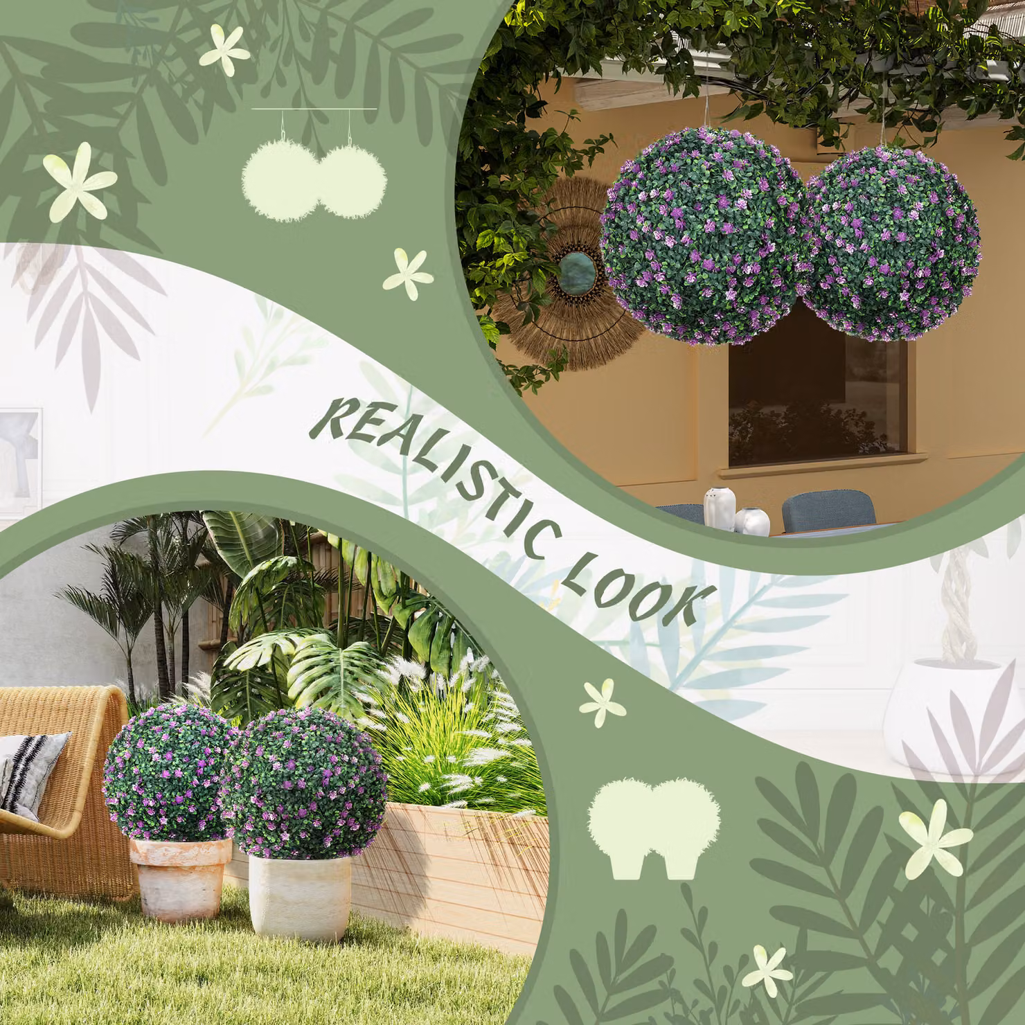 HOMCOM Set of Two Artificial Round Potted Boxwood Plants in Green and Purple – 4