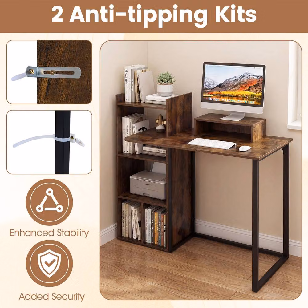 Costway Brown Computer Study Desk with Monitor Stand and Charging Station, Width: 110 cm – 4