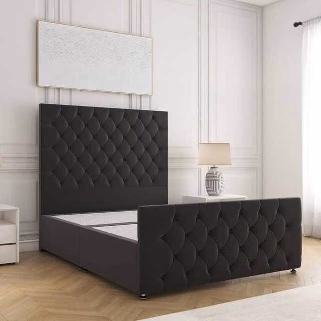 BSSPOKE Maya Divan Bed Set with 54 inch Headboard in Black Plush Velvet, W/D/H: 90 x 190 cm