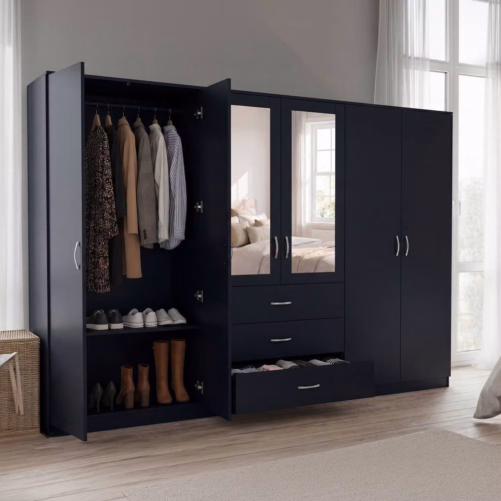 Vida Designs Riano 6 Door 3 Drawer Mirrored Wardrobe in Black – 7