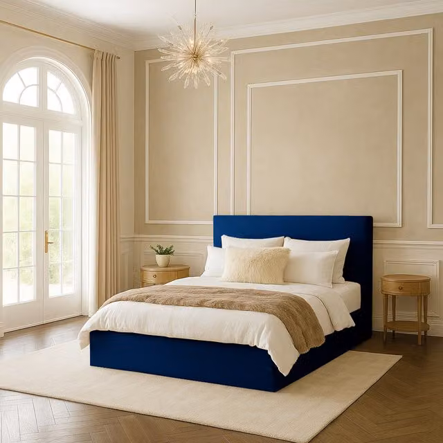 Desire Deco Modern Plain Upholstered Fabric Bed Frame, Blue, W/D/H: 180 x 200 cm
