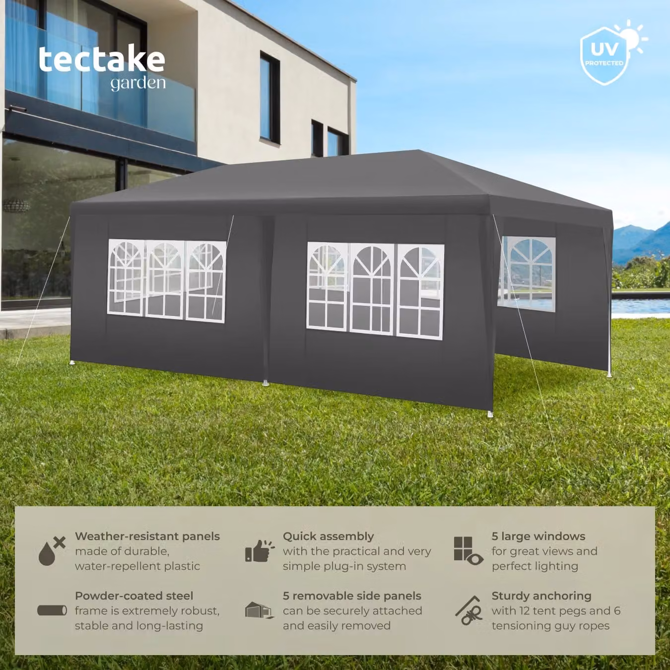 tectake Gazebo Novara in Grey with 5 Side Panels and Windows, W/D/H: 600 x 300 x 250 cm – 2