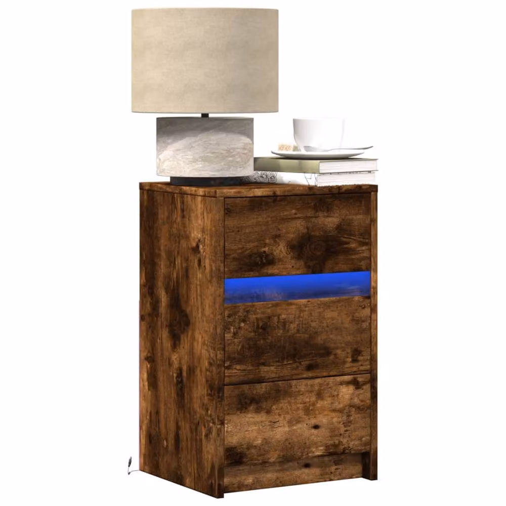 Berkfield Home Modern Bedside Cabinet with Integrated LED Lights in Smoked Oak Brown, W/D/H: 38 x 34 x 61 cm – 2