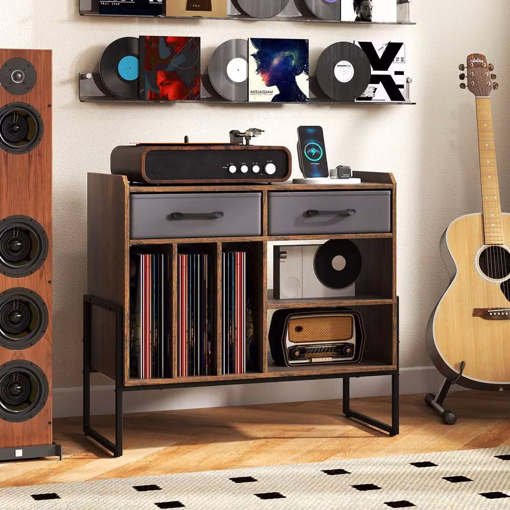 Costway Industrial Record Player Stand with Charging Station and 2 Drawers, Brown Vinyl Storage Cabinet – 5