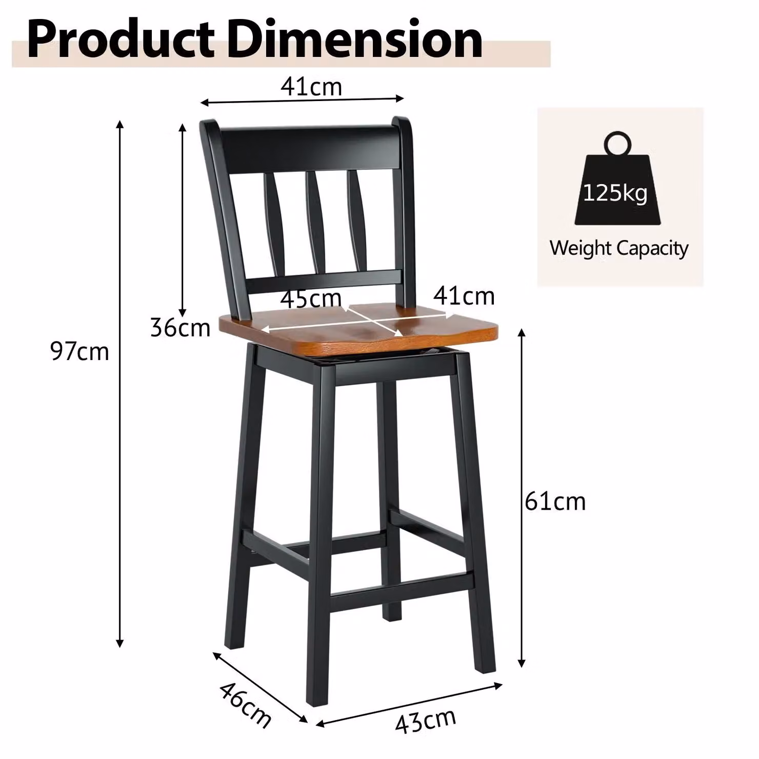 Costway Set of 2 Black Rubberwood Swivel Bar Stools with Backrest and Footrest – 2