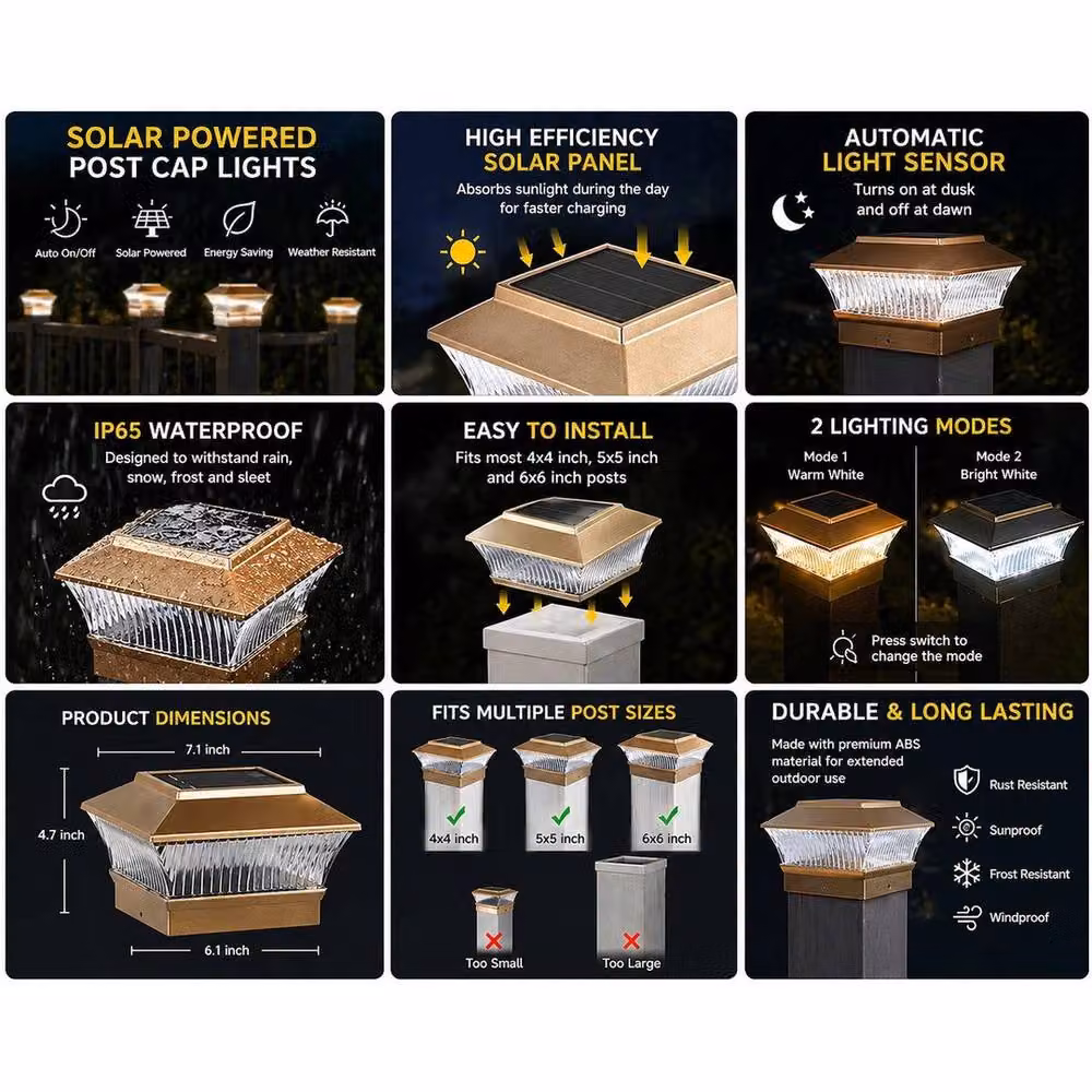FLAVORA Set of 2 Solar Powered White LED Square Outdoor Post Cap Lights in Gold/Brass – 3