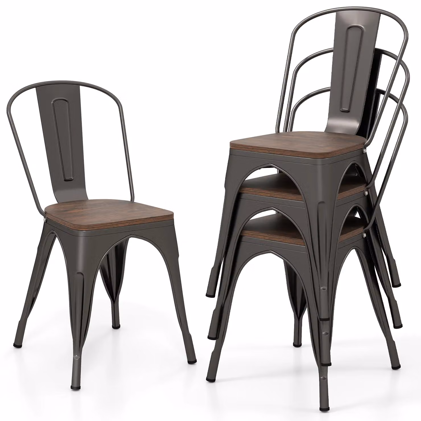 Gymax Set of 4 Stackable Metal and Wood Industrial Dining Chairs in Grey – 7