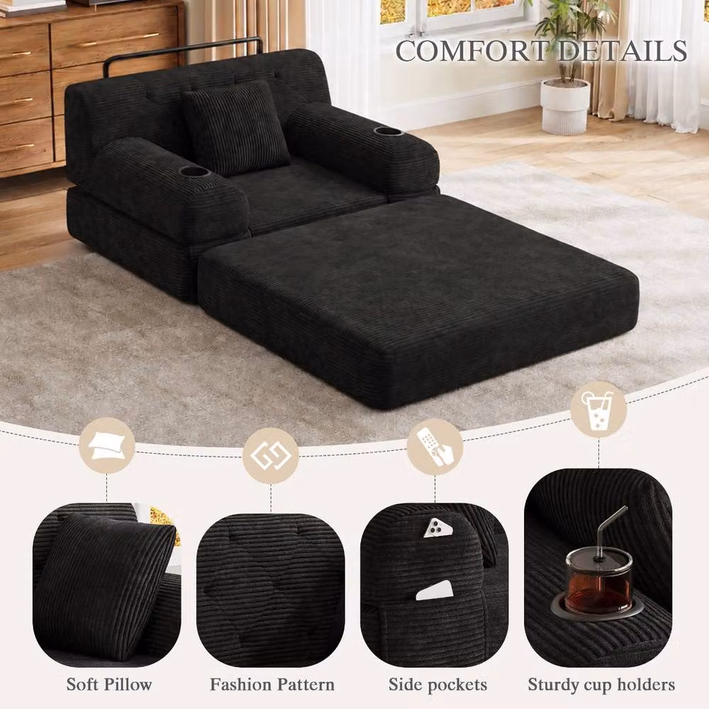 Rolipo Black Corduroy 1-Seater Sleeper Sofa Chair with Cup Holders and Armrests – 4