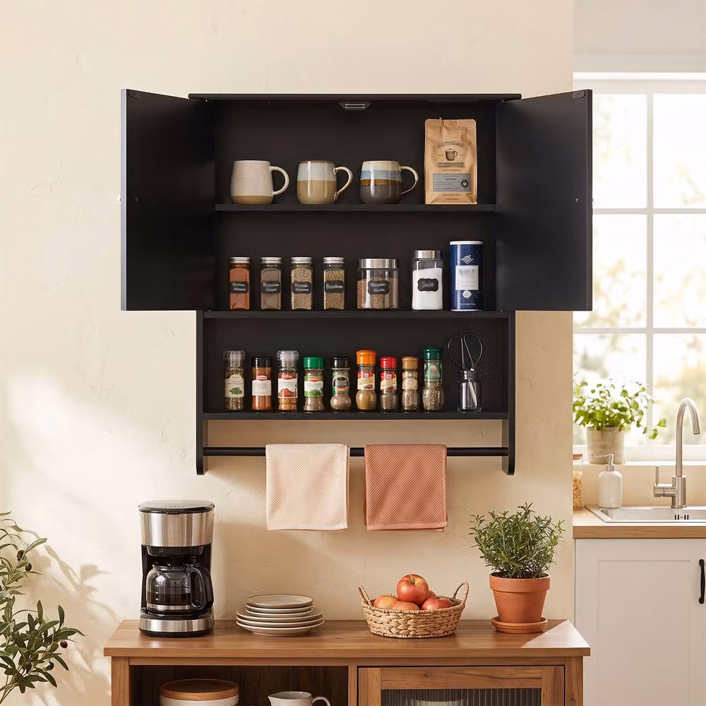 Costway Modern Black Wall Mounted Bathroom Cabinet with 2 Hinged Doors, Open Shelf and Internal Shelving – 6