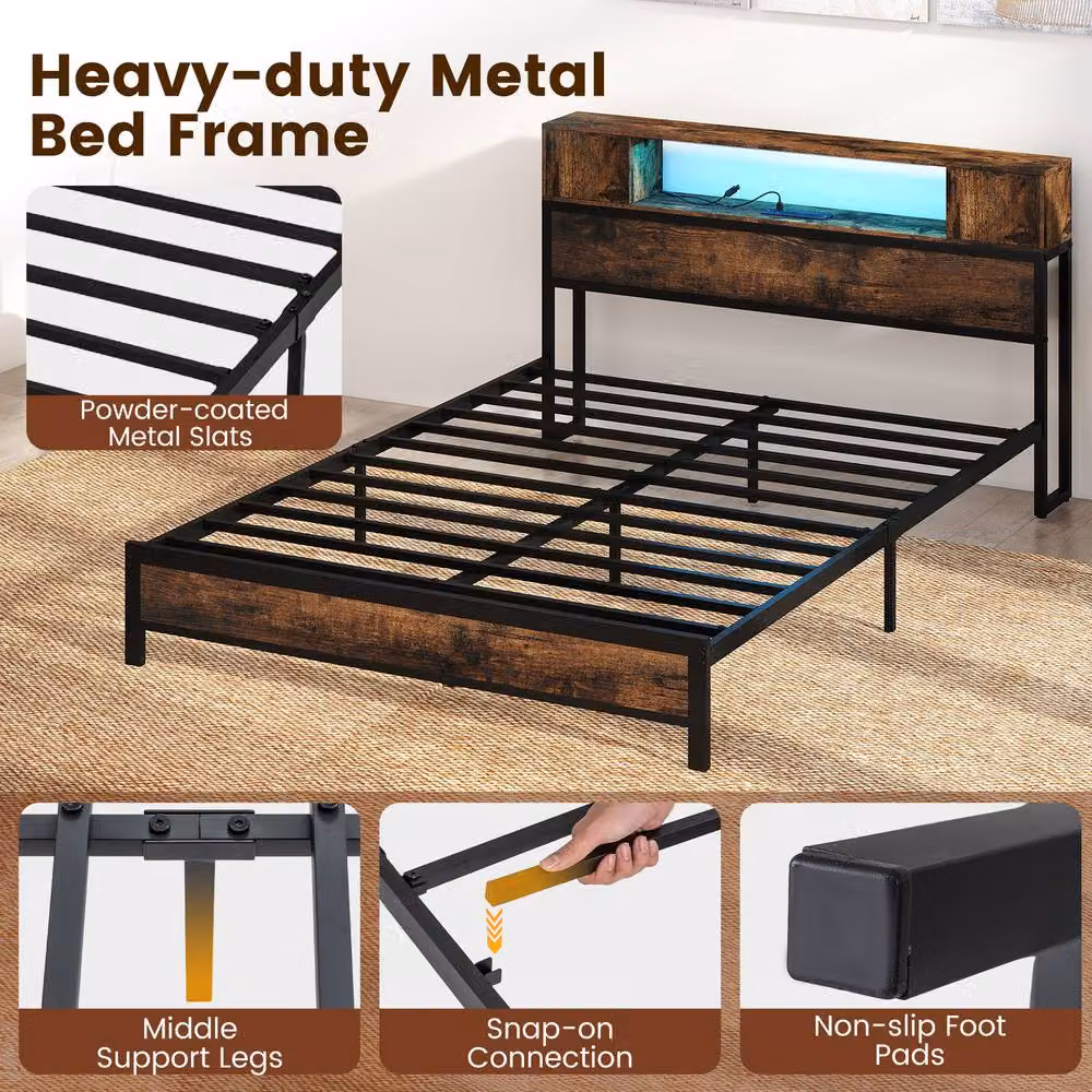 Costway Double Size Metal Platform Bed Frame in Brown with LED Lights, USB Charging Port and Side Compartments, W/D/H: 140 x 200 cm – 9