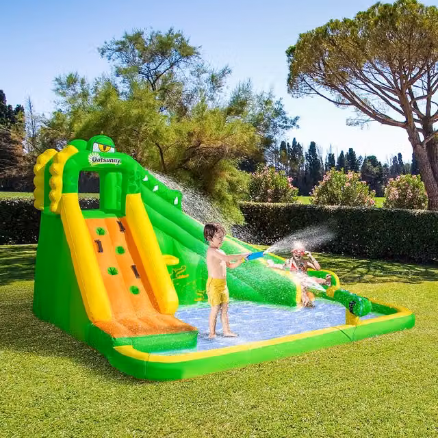 Outsunny Crocodile Castle Inflatable Slide with Water Spray and Motor, Green