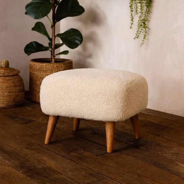 Wyld Haus Olbia Square Bouclé Footstool in Beige with Mango Wood Legs W/D/H: 40 x 40 x 40 cm