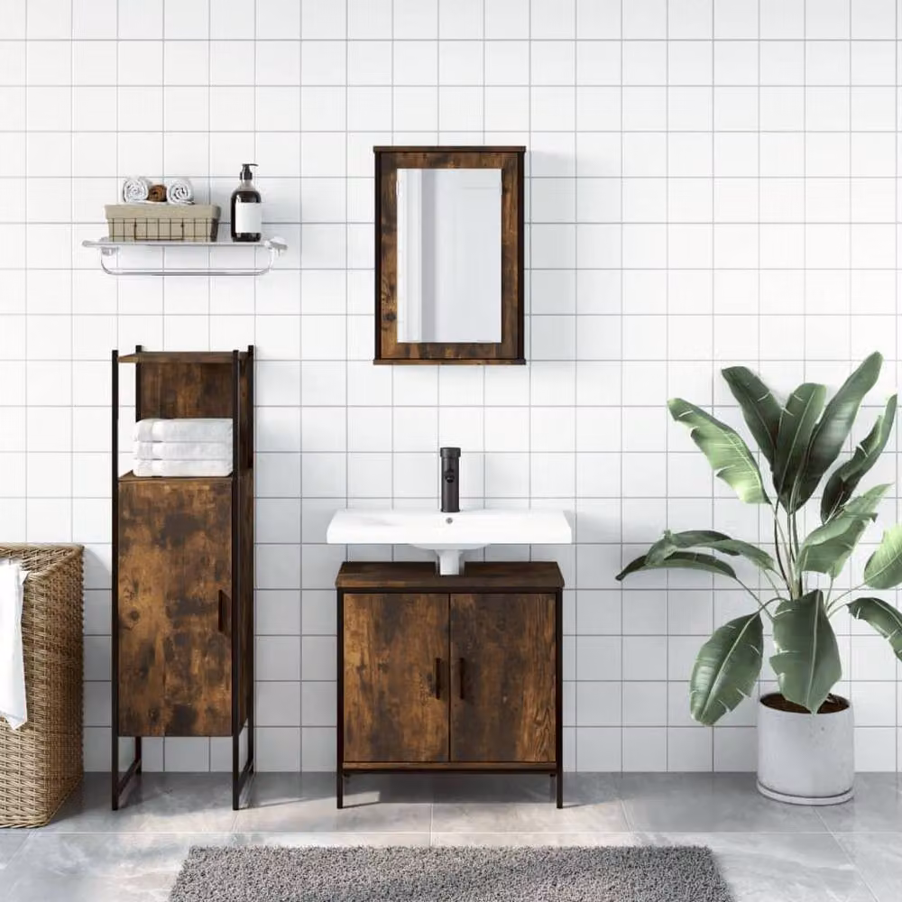 Berkfield Home 3 Piece Industrial Bathroom Furniture Set in Smoked Oak Brown – 2