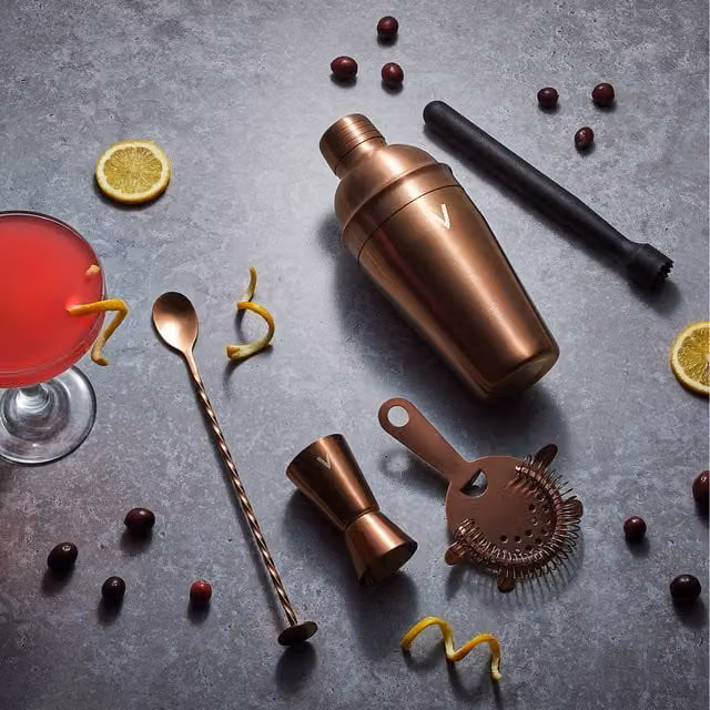 VonShef 5 Piece Stainless Steel Manhattan Cocktail Shaker Set with Accessories in Copper and Brown