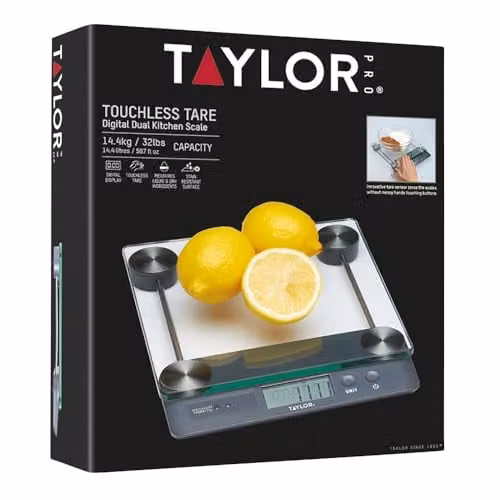 Taylor Touchless Tare Digital Dual Kitchen Scale with 14.4kg Capacity in Transparent Glass – 9