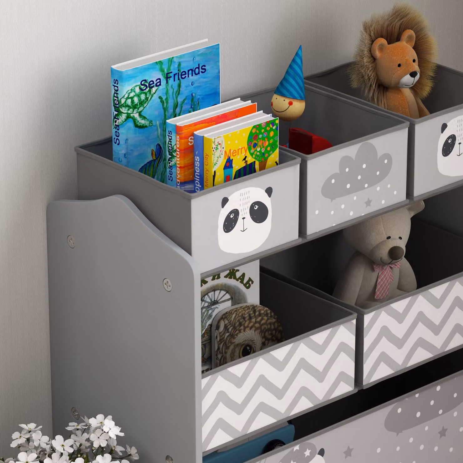 ZONEKIZ Kids Toy Storage Organiser with Six Fabric Bins, Grey – 8
