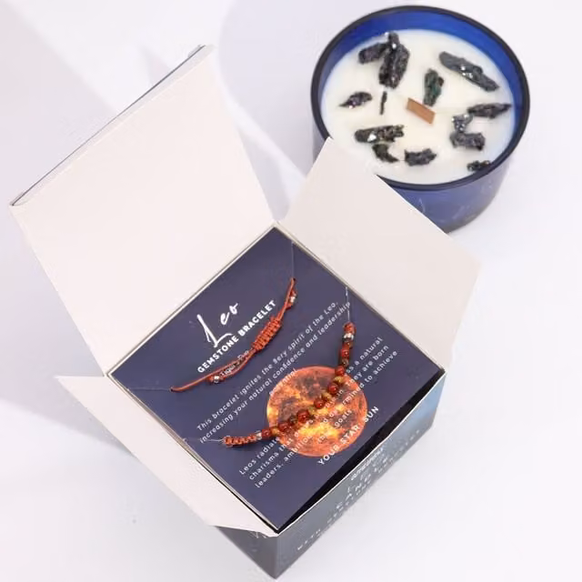 KDMK Leo Zodiac Crystal Candle with Citrine Gemstone Bracelet and Ginger Fragrance in Blue and Multicolour