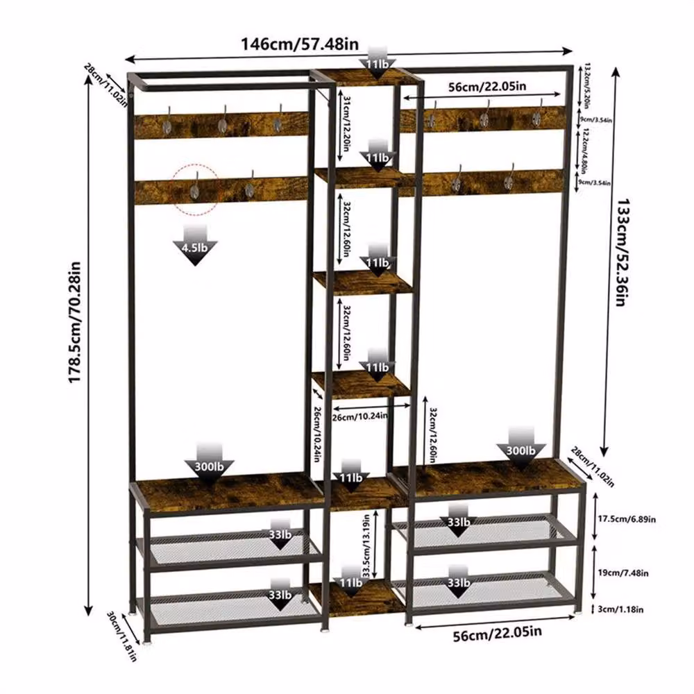 KORVIXA Industrial Hall Tree with Storage Bench and Shoe Rack, Brown, W: 120 cm, D: 40 cm, H: 146 cm – 2