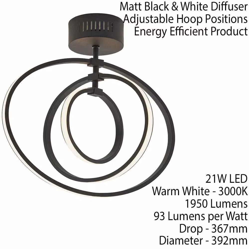 Loops LED Semi Flush Ceiling Light in Matt Black with Warm White Ring Feature – 2