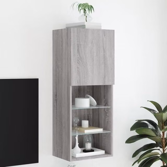 Berkfield Home Modern TV Cabinet with LED Lights in Grey Sonoma, W: 40.5 cm, D: 30 cm, H: 102 cm