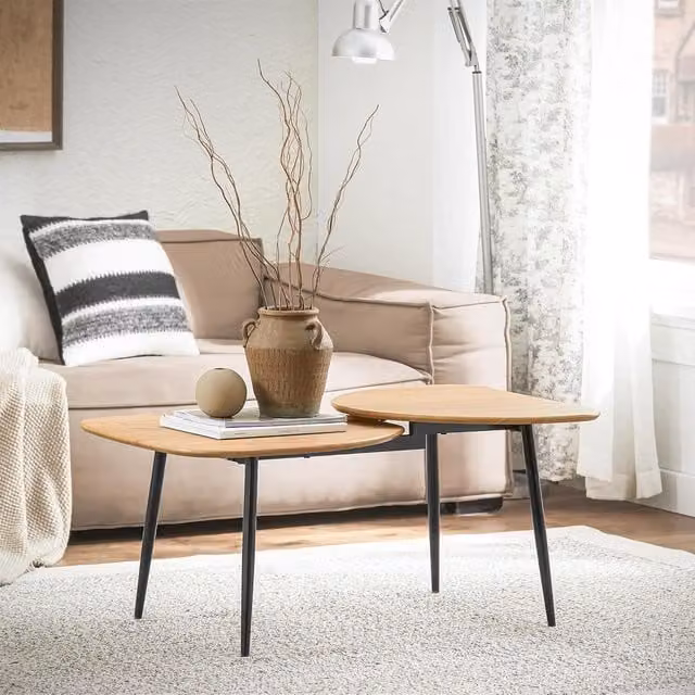SoBuy Lucent Round Coffee Table with 2 Nested Reversible Wood Tops in Yellow and Brown