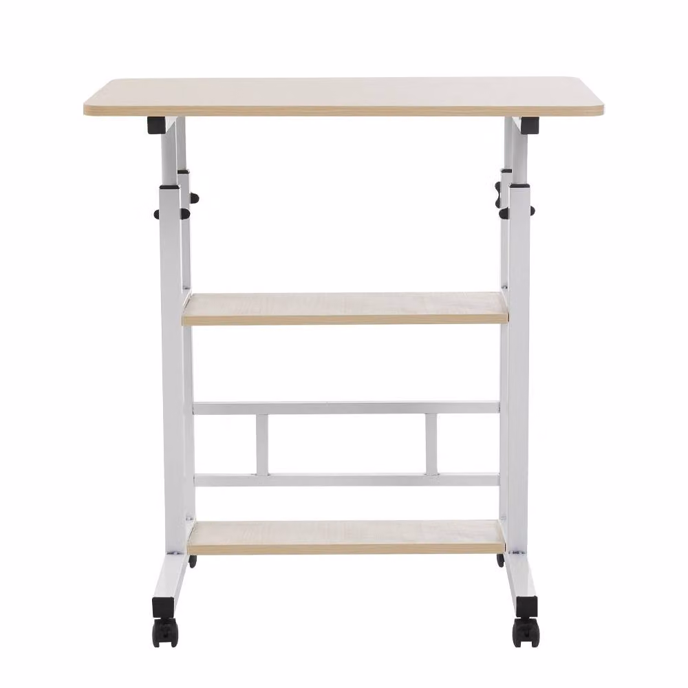 ExtraStar Height Adjustable Mobile Overbed Table with 2 Storage Shelves in Beige – 3