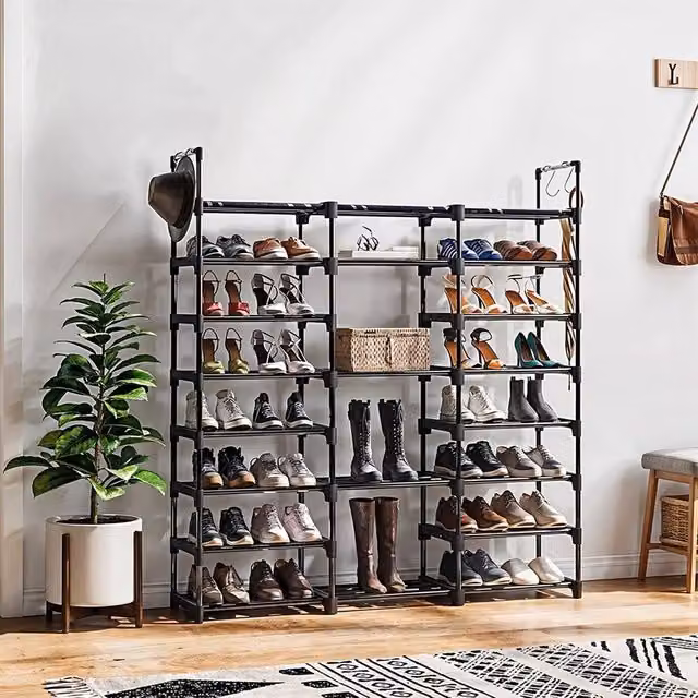 FORGEVIO 8-Tier Narrow Tall Shoe Rack in Black, W: 127 cm, D: 30.5 cm, H: 140 cm