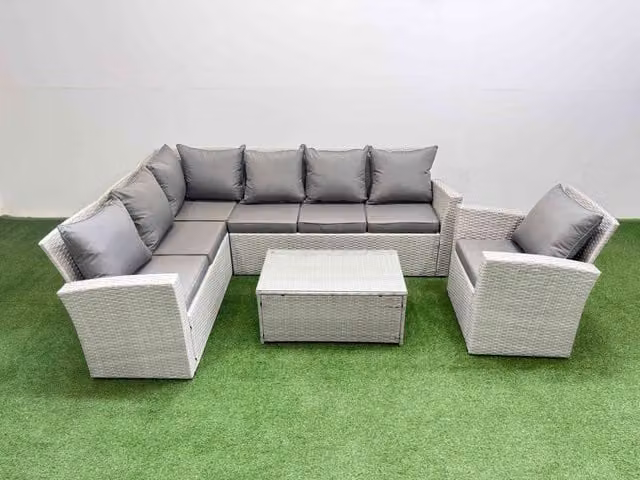 Fimous 7 Seater PE Rattan Garden Furniture Set with Large Stool in Light Grey
