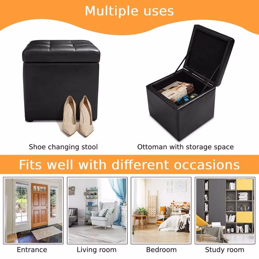 KORVIXA Black Synthetic Leather Ottoman Storage Cube W/D/H: 40 x 40 x 40 cm – 5
