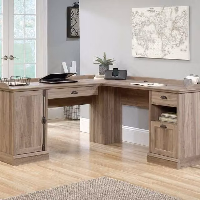 Teknik Office Barrister Home L Shaped Corner Desk in Brown Wood Finish