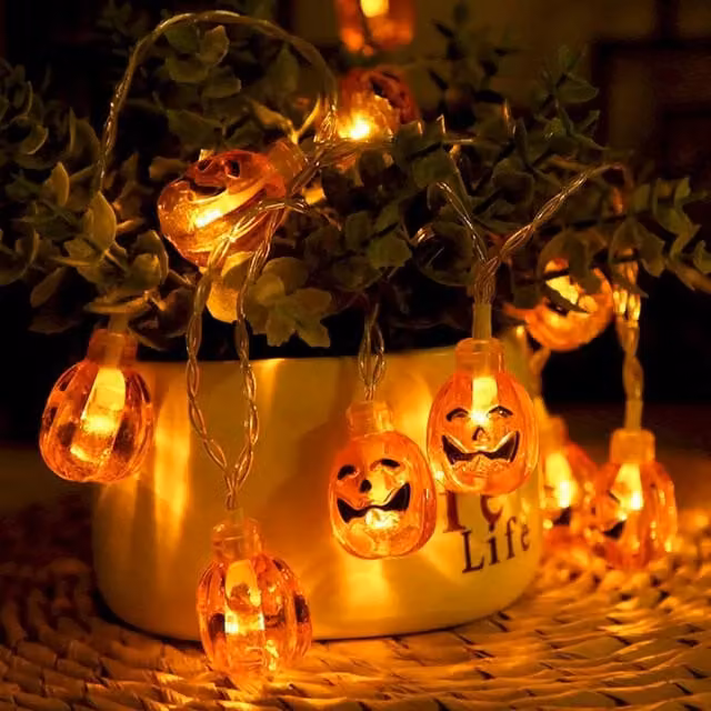 Kraft & Co BrightGlow Halloween Pumpkin String Lights, Battery Operated Warm White LED Lights in Orange and White