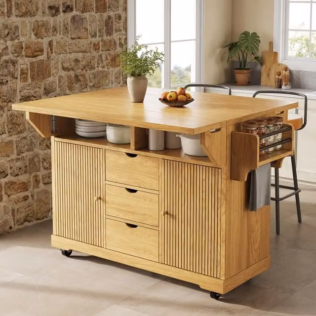 Aosom UK Foldable Serving Trolley with Snack Racks and Ample Storage, Mobile Kitchen Island, W: 142.5 cm, D: 40 cm, H: 95 cm, Natural and Light Brown – 1