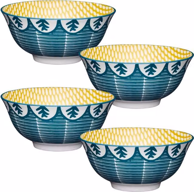 KitchenCraft 4-Piece Dark Blue Ceramic Leaf Print Bowl Set