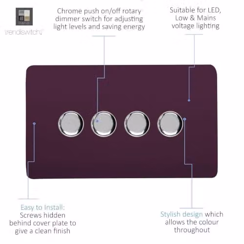 Trendi Switch 4 Gang 150w Rotary LED Dimmer Light Switch in Plum Purple – 2