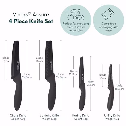 Viners Assure 4 Piece Black Knife Set with Stainless Steel Blades, including Chef, Santoku, Utility and Paring Knives – 4