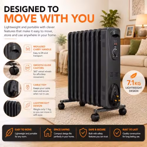 Mylek 2000W Oil Filled Radiator in Black, Freestanding with Thermostat and Tilt Protection, H 55 cm x W 39 cm x D 39 cm – 4