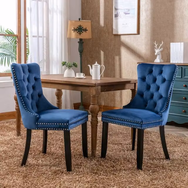 Modern Home Touch Romsey Set of 2 Blue Velvet Upholstered Dining Chairs with Oak Legs and Knocker Ring Back – 1